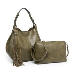 Hobo Shoulder Bag-Eloise Crossbody with Tassel & Braided Handle-2-in-1 Bag